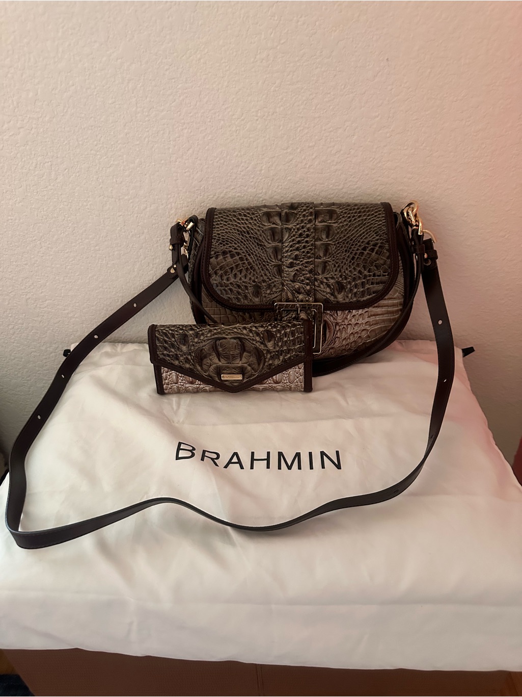 Brahmin Dark Green Saddle Crossbody With Matching Wallet